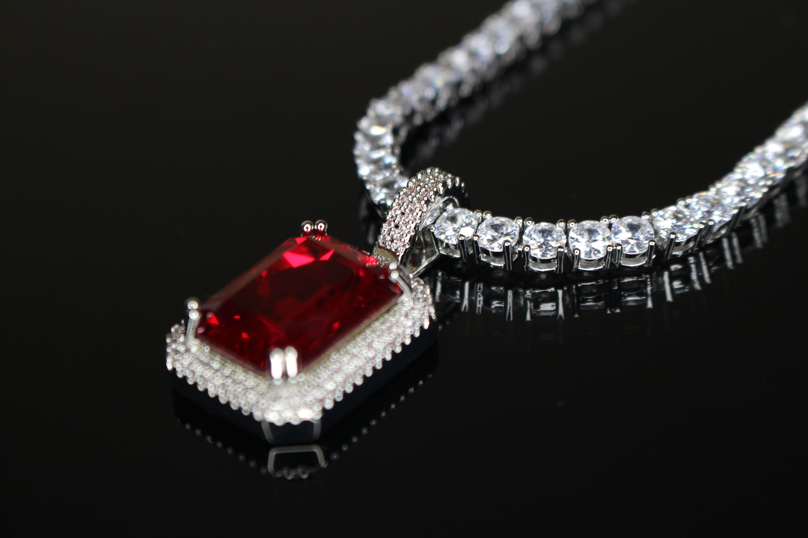 4mm Ruby Red Tennis Chain Necklace 75ct Lab Sim Diamond Pendant