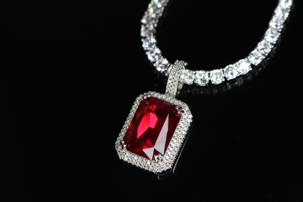 4mm Ruby Red Tennis Chain Necklace 75ct Lab Sim Diamond Pendant