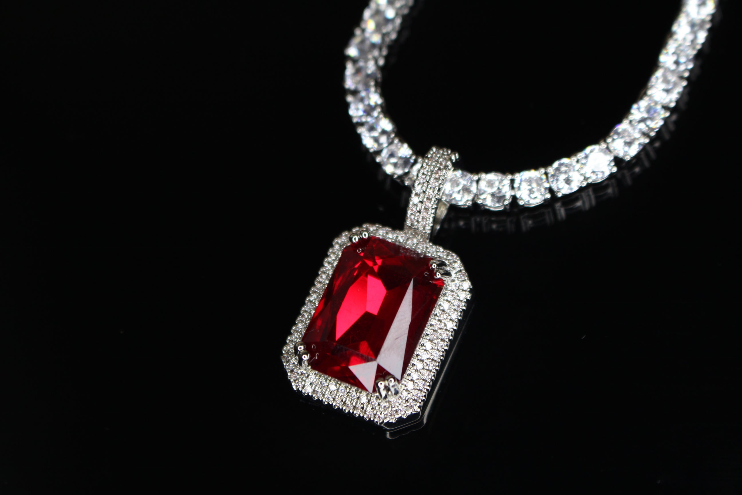 4mm Ruby Red Tennis Chain Necklace 75ct Lab Sim Diamond Pendant
