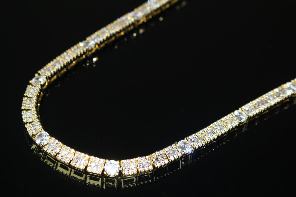 6mm Tennis Round Square Baguette 89.6ct Lab Sim VVS1 Diamond Necklace - Gold