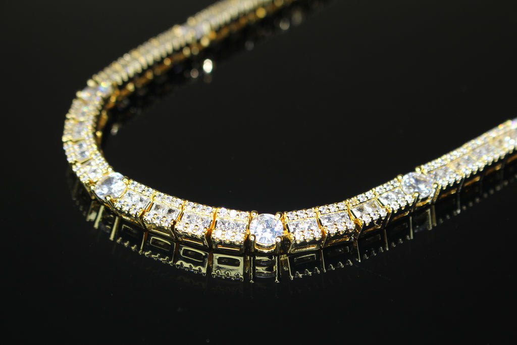 6mm Tennis Round Square Baguette 89.6ct Lab Sim VVS1 Diamond Necklace - Gold