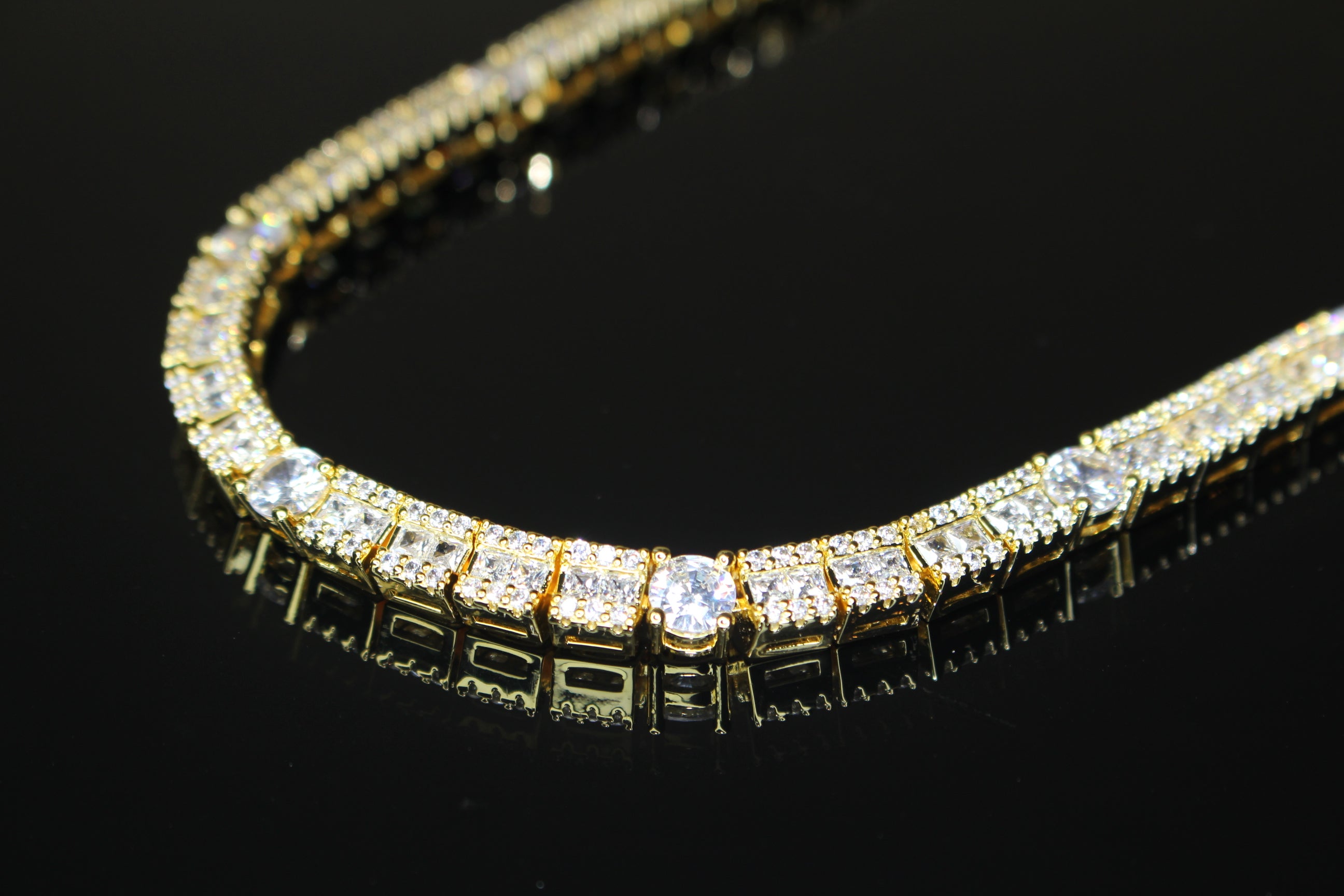 6mm Tennis Round Square Baguette 89.6ct Lab Sim VVS1 Diamond Necklace - Gold