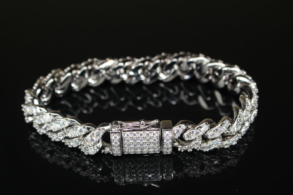 12mm Cuban Miami 925 Sterling Silver Bracelet 14.6ct Lab Sim VVS1 Diamond