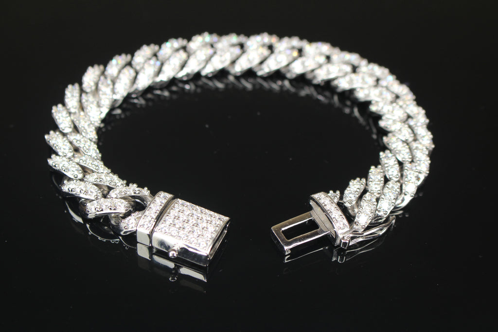 12mm Cuban Miami 925 Sterling Silver Bracelet 14.6ct Lab Sim VVS1 Diamond