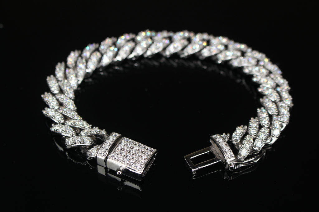 12mm Cuban Miami 925 Sterling Silver Bracelet 14.6ct Lab Sim VVS1 Diamond