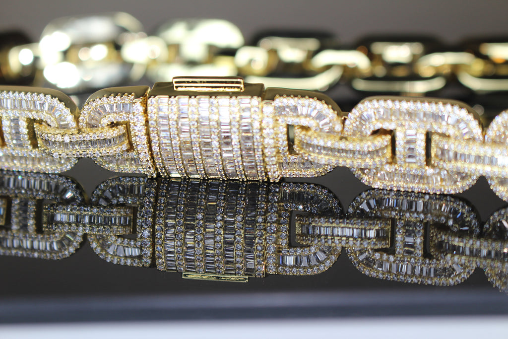 MASSIVE 14mm MARINER Bracelet 18.6ct BAGUETTES Lab Sim VVS1 Diamond 58g HEAVY - GOLD
