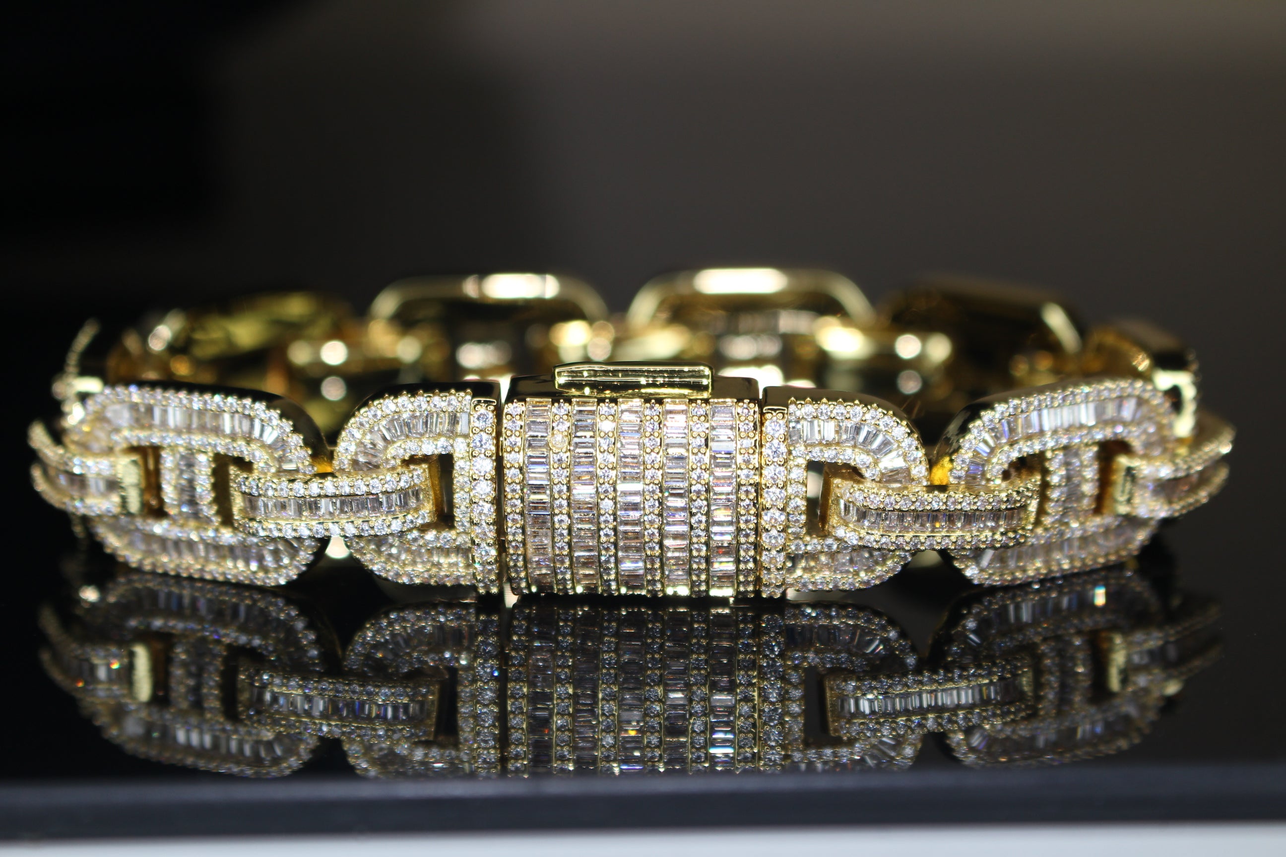 MASSIVE 14mm MARINER Bracelet 18.6ct BAGUETTES Lab Sim VVS1 Diamond 58g HEAVY - GOLD
