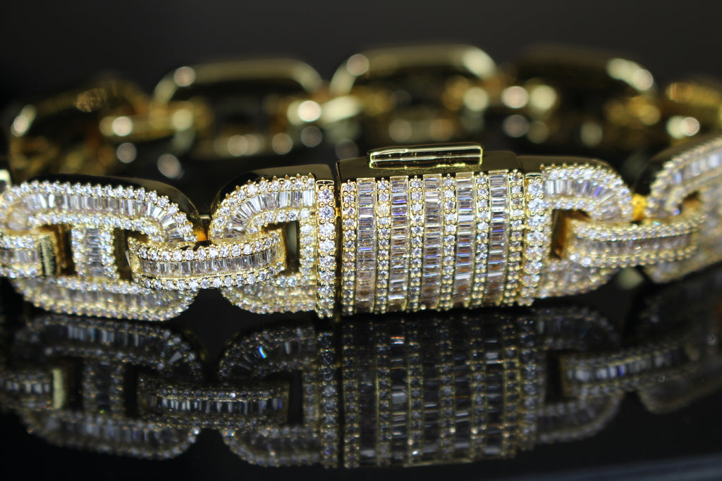 MASSIVE 14mm MARINER Bracelet 18.6ct BAGUETTES Lab Sim VVS1 Diamond 58g HEAVY - GOLD
