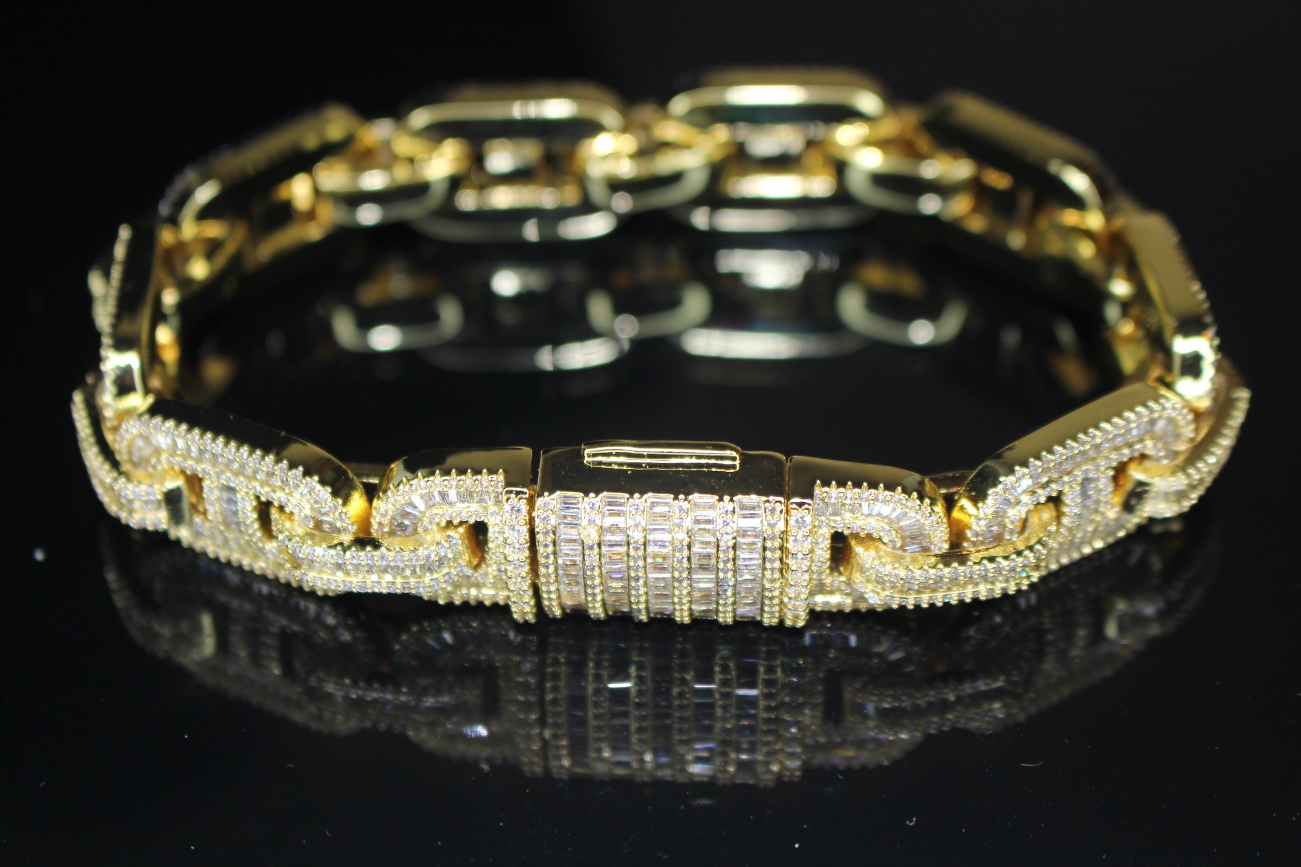 MASSIVE 14mm MARINER Bracelet 18.6ct BAGUETTES Lab Sim VVS1 Diamond 58g HEAVY - GOLD
