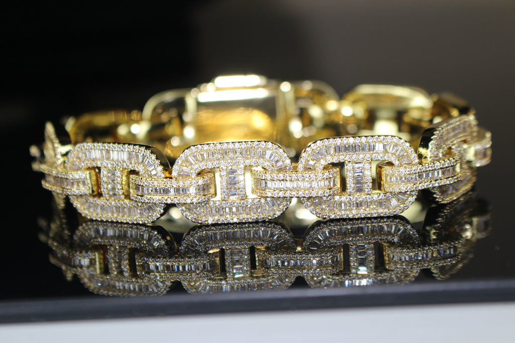 MASSIVE 14mm MARINER Bracelet 18.6ct BAGUETTES Lab Sim VVS1 Diamond 58g HEAVY - GOLD