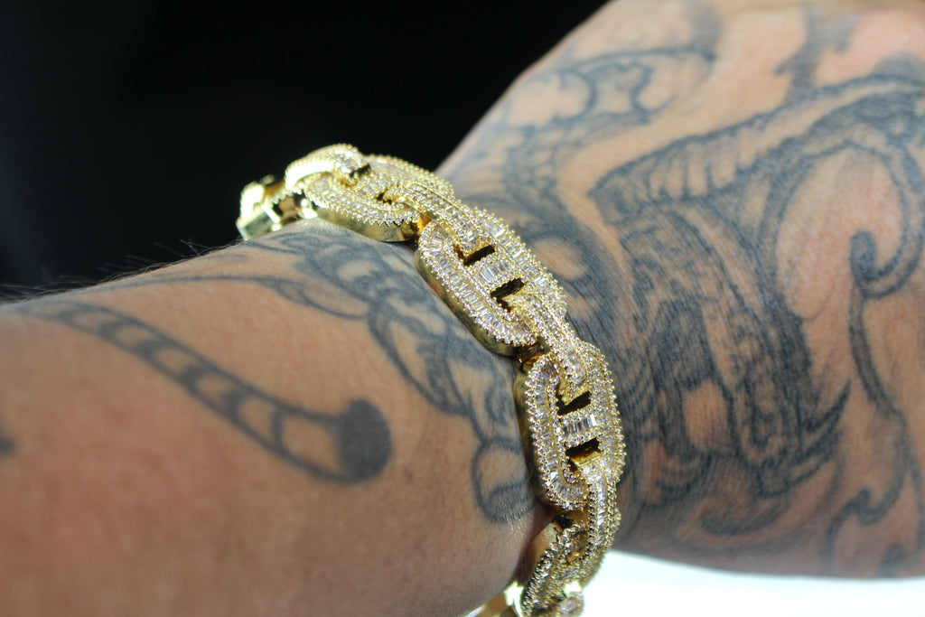 MASSIVE 14mm MARINER Bracelet 18.6ct BAGUETTES Lab Sim VVS1 Diamond 58g HEAVY - GOLD