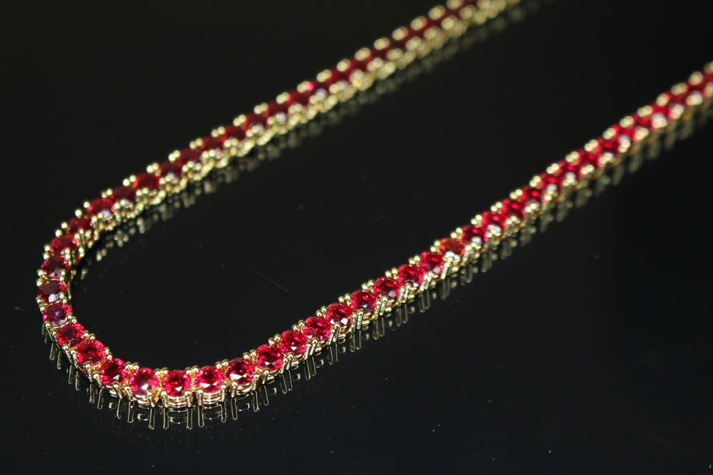 4mm Tennis Chain 70ct Lab Sim VVS1 Diamond Gemstone Necklace GOLD - RUBY RED