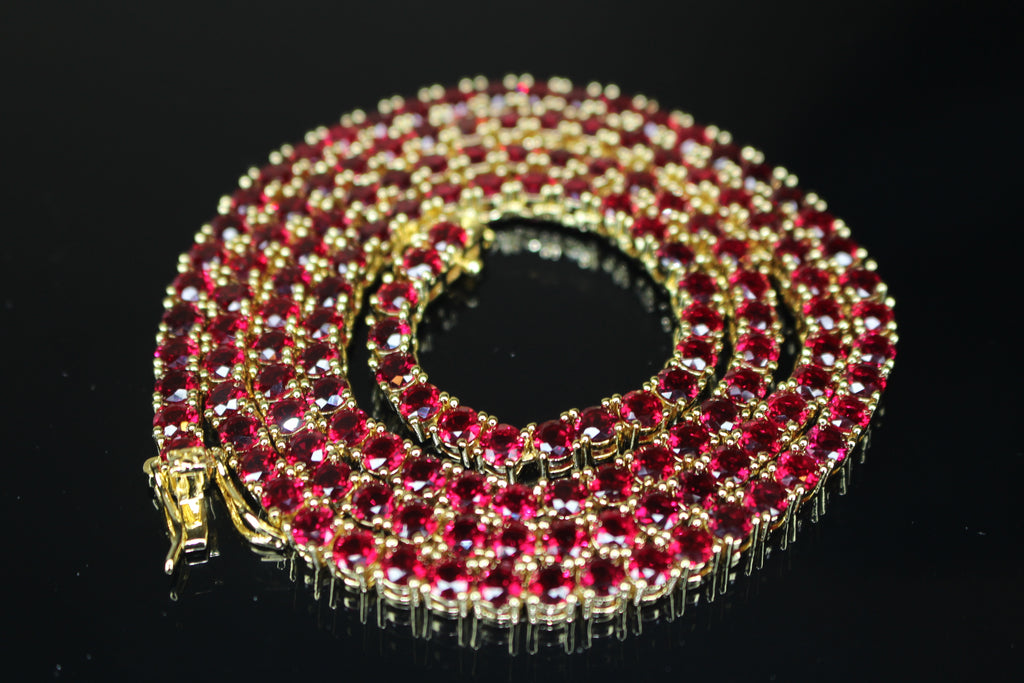 4mm Tennis Chain 70ct Lab Sim VVS1 Diamond Gemstone Necklace GOLD - RUBY RED