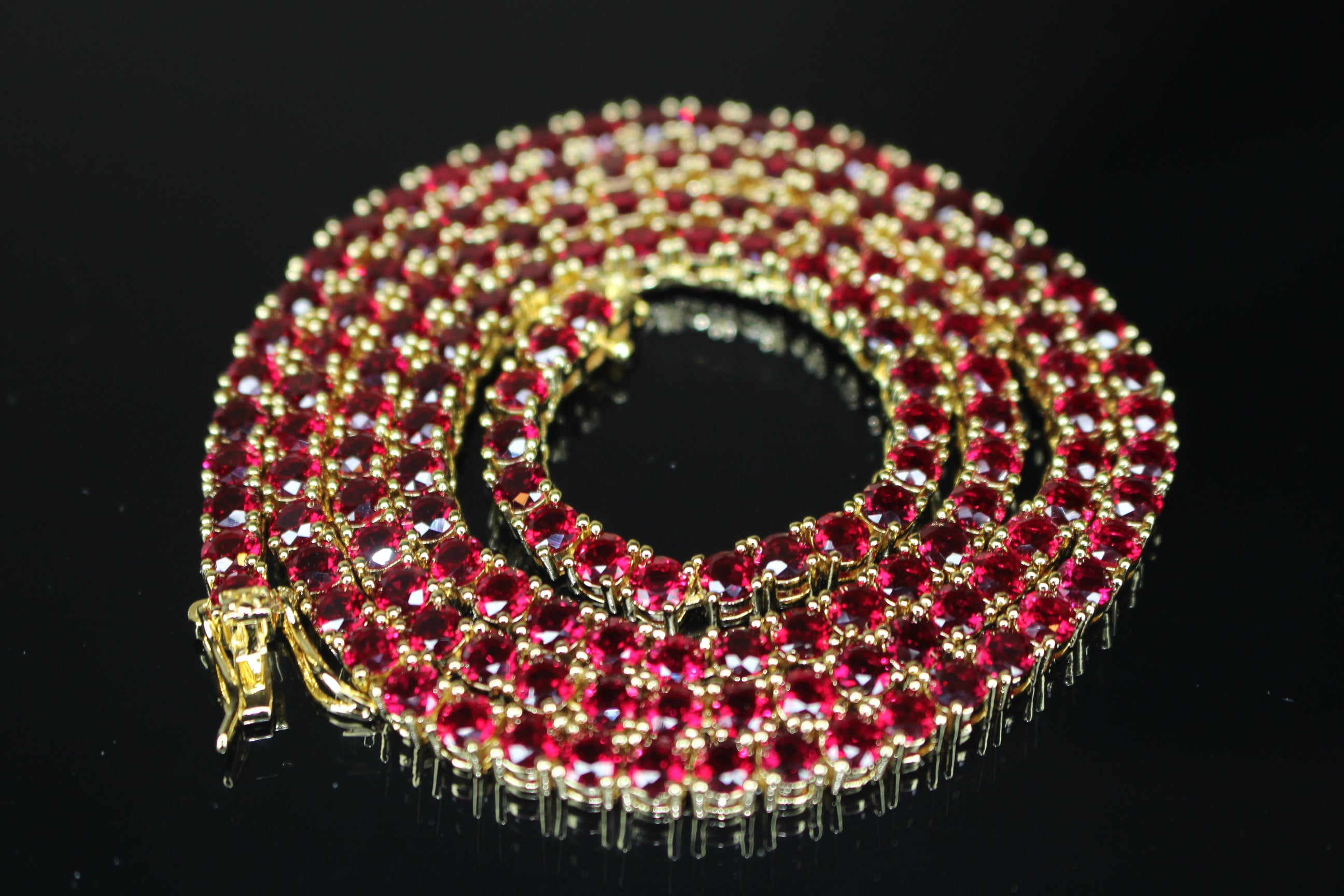 4mm Tennis Chain 70ct Lab Sim VVS1 Diamond Gemstone Necklace GOLD - RUBY RED