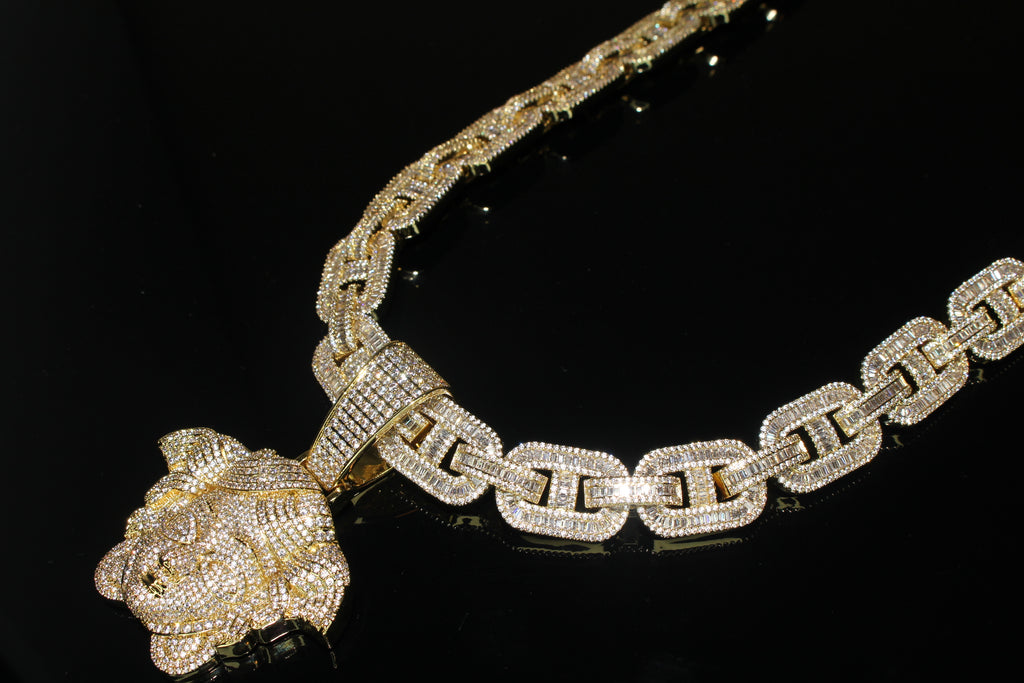 XXL MEDUSA 14mm Mariner Chain 96.8ct BAGUETTE Lab Sim VVS1 Diamond - GOLD