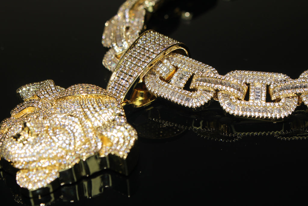 XXL MEDUSA 14mm Mariner Chain 96.8ct BAGUETTE Lab Sim VVS1 Diamond - GOLD