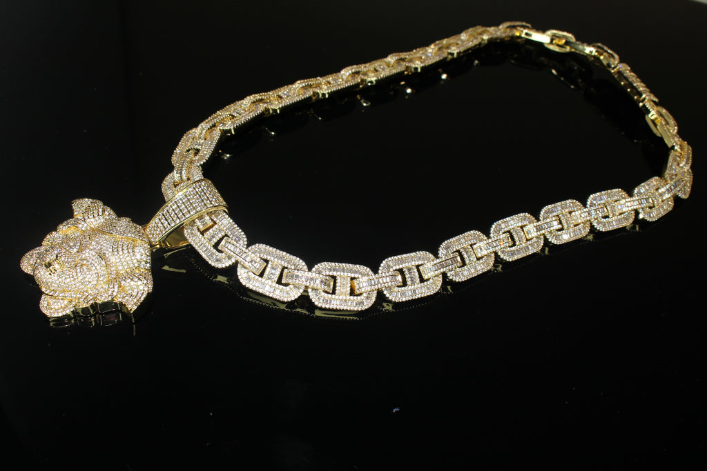 XXL MEDUSA 14mm Mariner Chain 96.8ct BAGUETTE Lab Sim VVS1 Diamond - GOLD