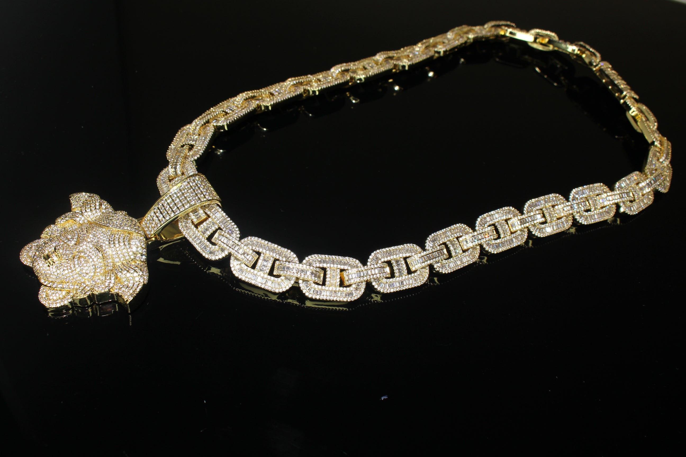 XXL MEDUSA 14mm Mariner Chain 96.8ct BAGUETTE Lab Sim VVS1 Diamond - GOLD