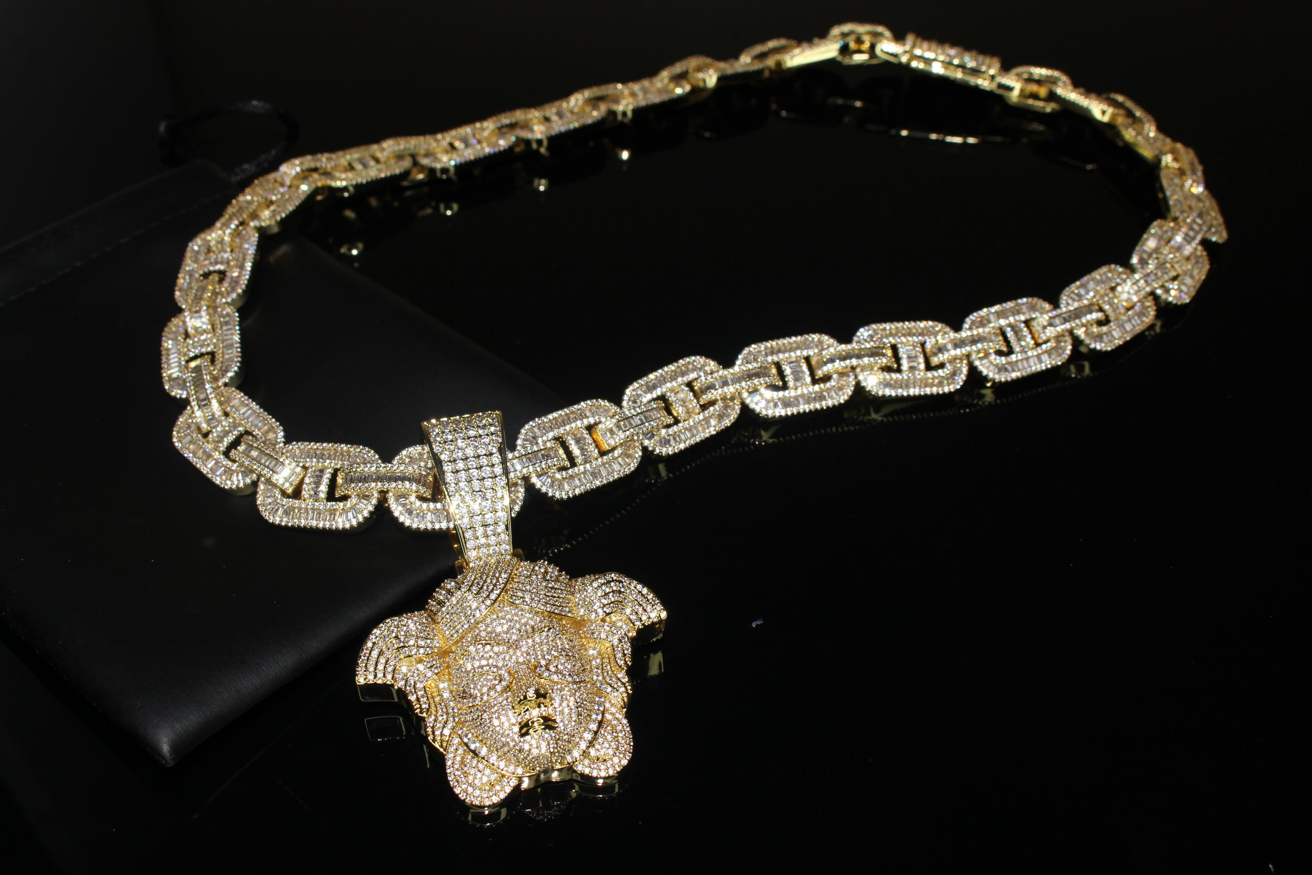 XXL MEDUSA 14mm Mariner Chain 96.8ct BAGUETTE Lab Sim VVS1 Diamond - GOLD