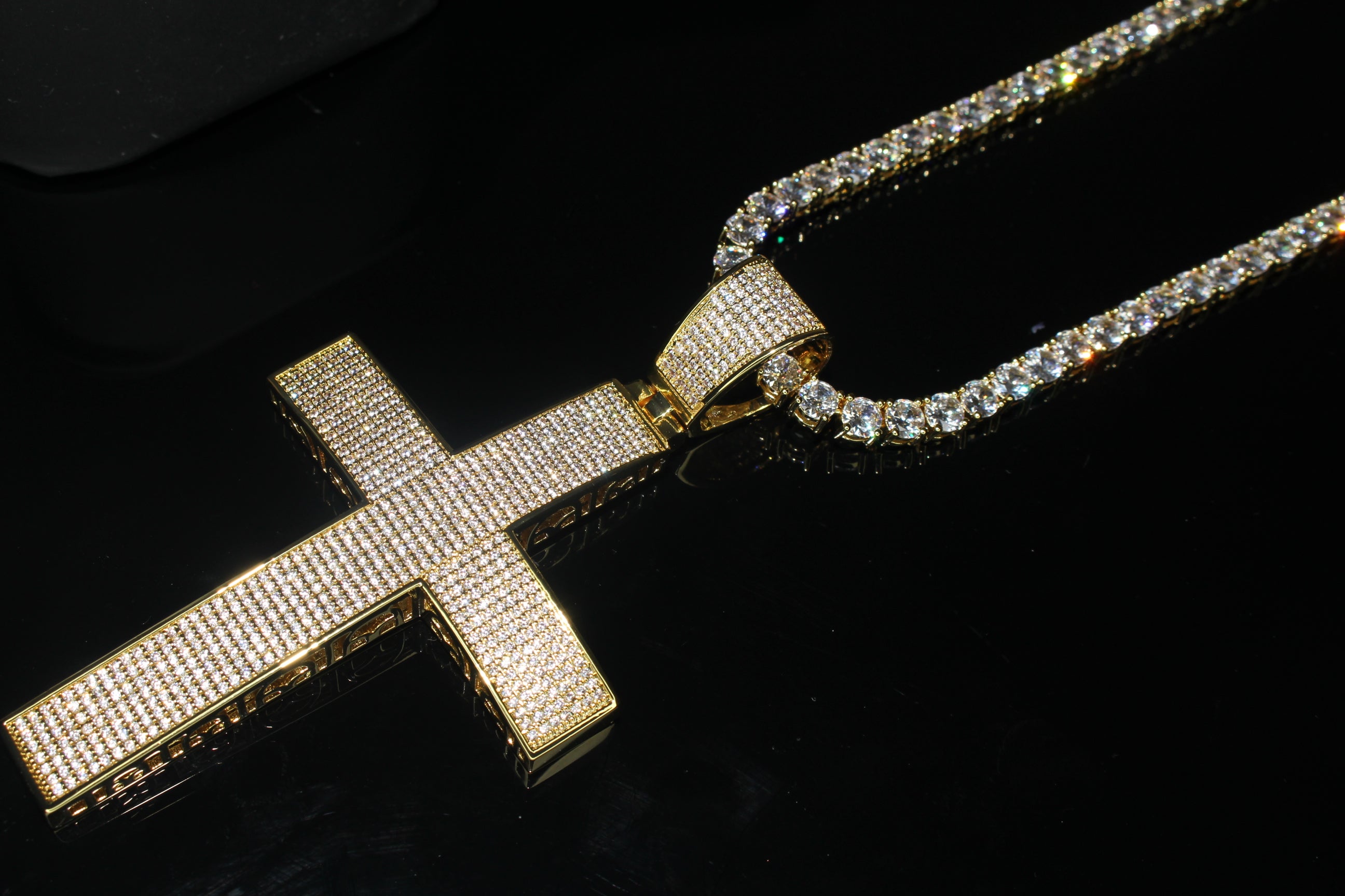 XXL Cross PENDANT 5mm Tennis Chain 120.8ct Lab Sim VVS1 Diamond Necklace - Gold