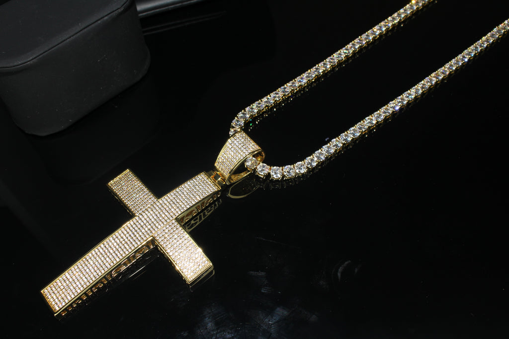 XXL Cross PENDANT 5mm Tennis Chain 120.8ct Lab Sim VVS1 Diamond Necklace - Gold