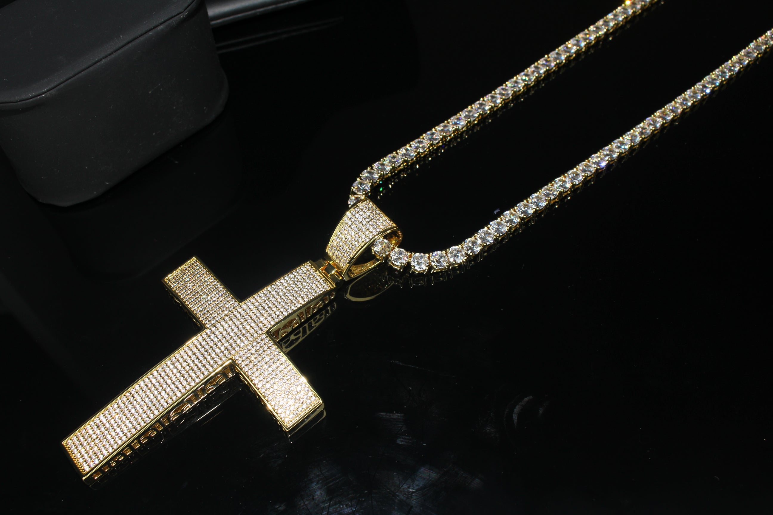 XXL Cross PENDANT 5mm Tennis Chain 120.8ct Lab Sim VVS1 Diamond Necklace - Gold