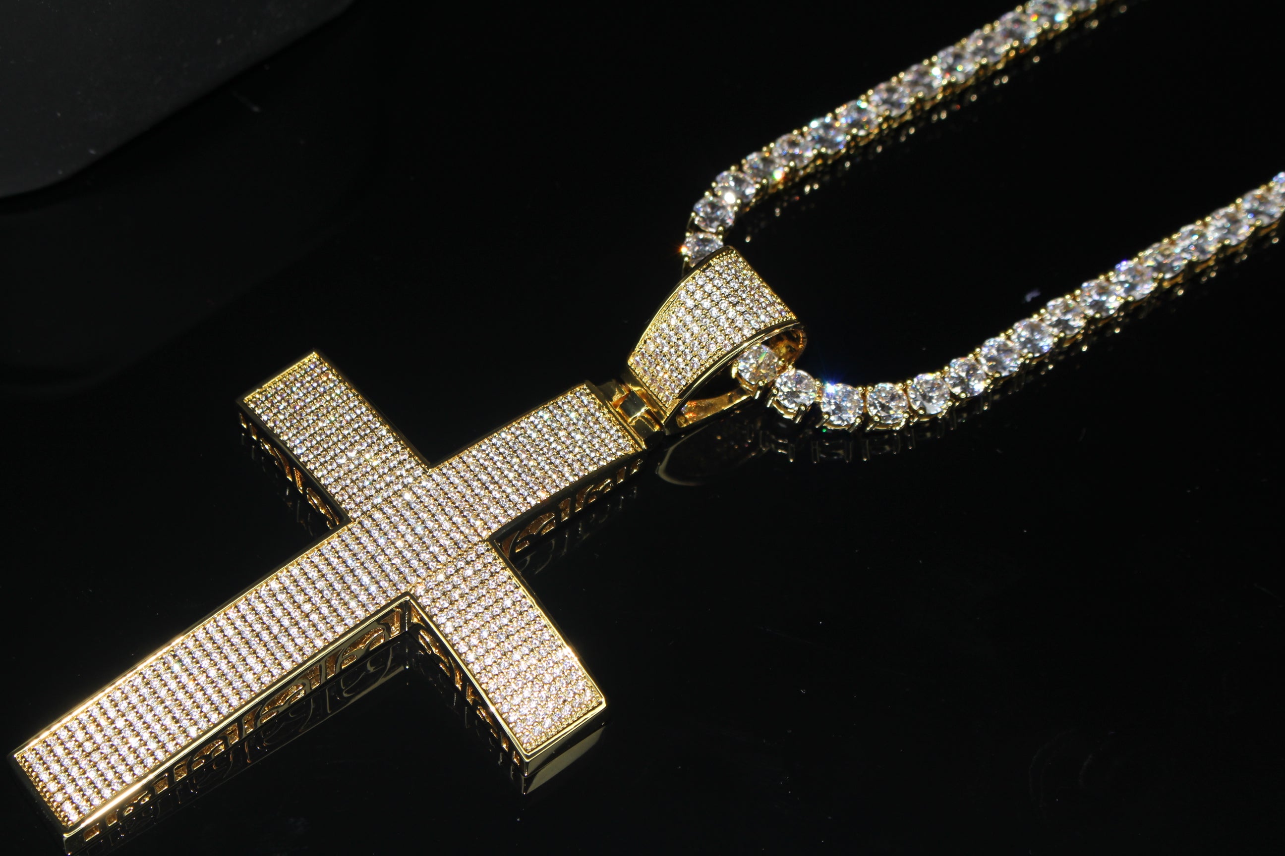 XXL Cross PENDANT 5mm Tennis Chain 120.8ct Lab Sim VVS1 Diamond Necklace - Gold