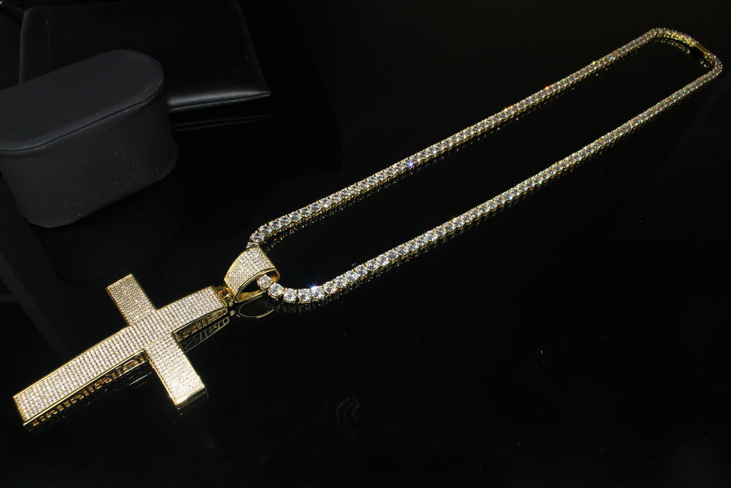 XXL Cross PENDANT 5mm Tennis Chain 120.8ct Lab Sim VVS1 Diamond Necklace - Gold