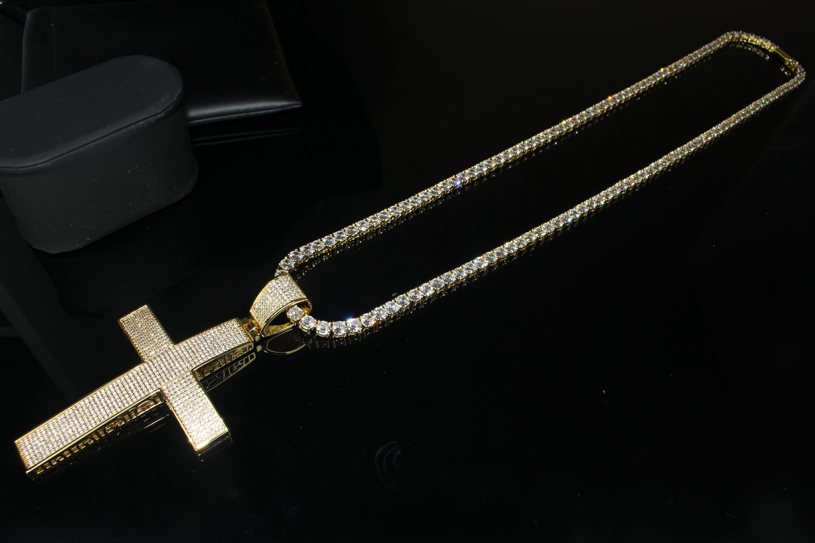 XXL Cross PENDANT 5mm Tennis Chain 120.8ct Lab Sim VVS1 Diamond Necklace - Gold