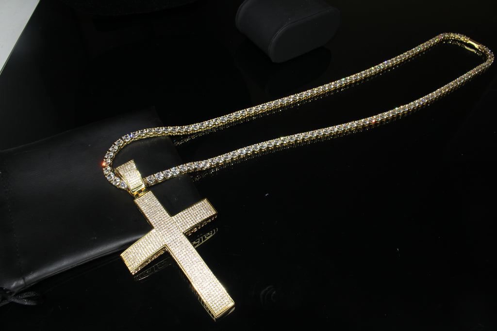 XXL Cross PENDANT 5mm Tennis Chain 120.8ct Lab Sim VVS1 Diamond Necklace - Gold