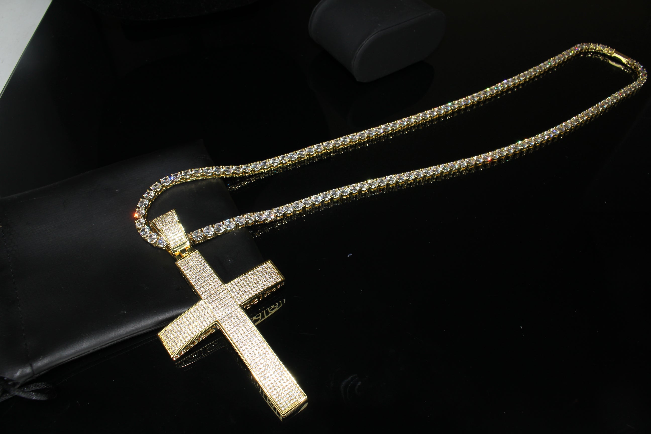 XXL Cross PENDANT 5mm Tennis Chain 120.8ct Lab Sim VVS1 Diamond Necklace - Gold
