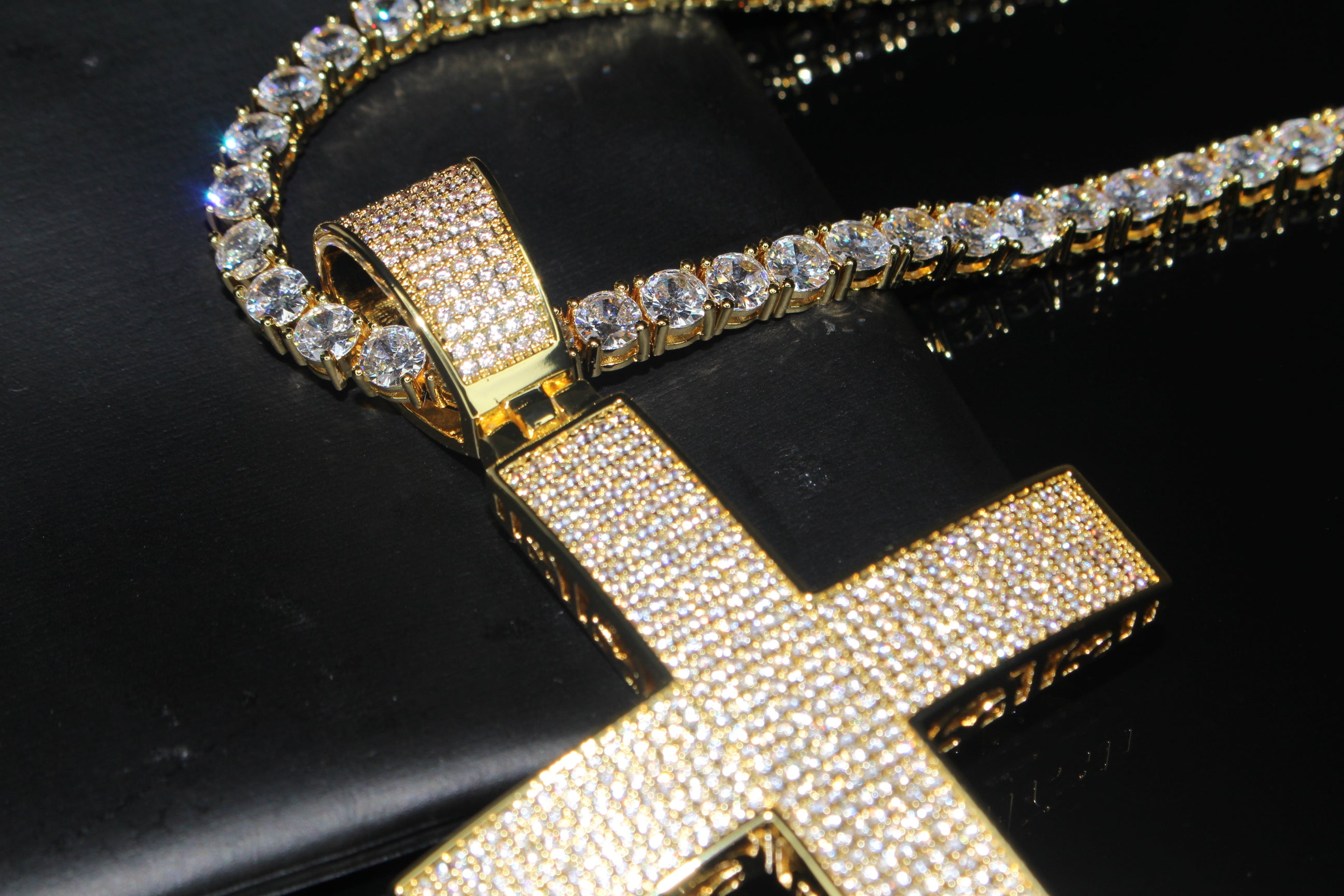 XXL Cross PENDANT 5mm Tennis Chain 120.8ct Lab Sim VVS1 Diamond Necklace - Gold