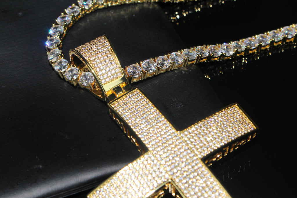 XXL Cross PENDANT 5mm Tennis Chain 120.8ct Lab Sim VVS1 Diamond Necklace - Gold
