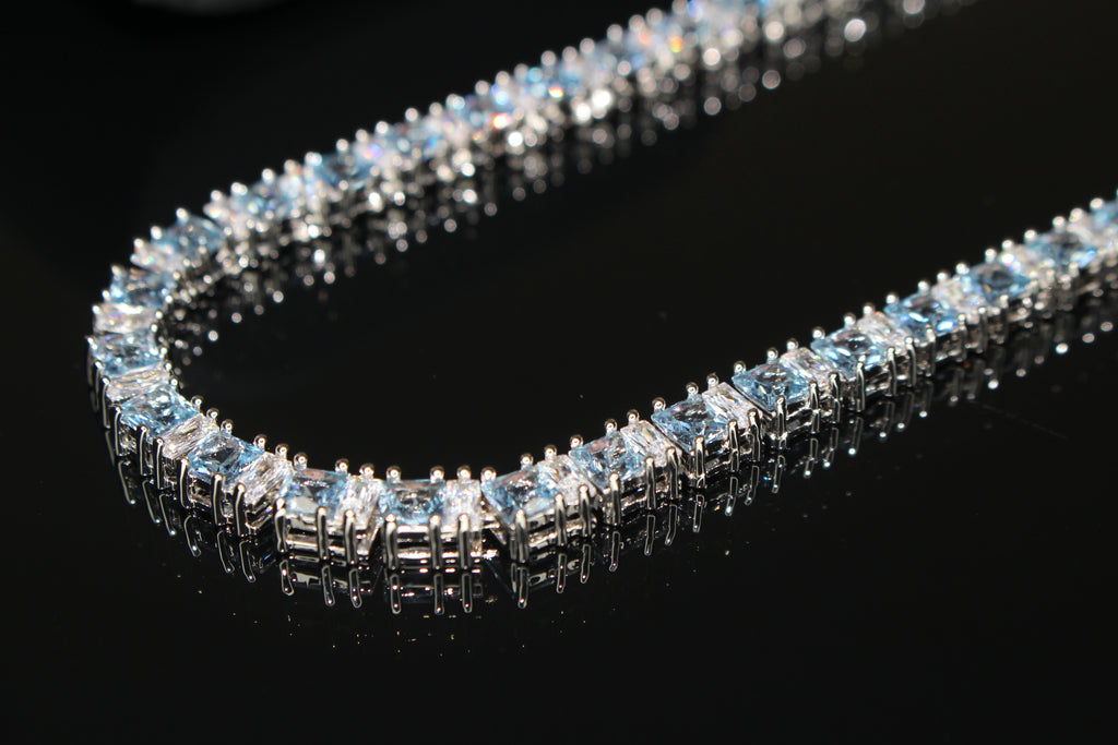 4mm Tennis Blue Square BAGUETTE 70ct Lab Sim VVS1 Diamond Necklace
