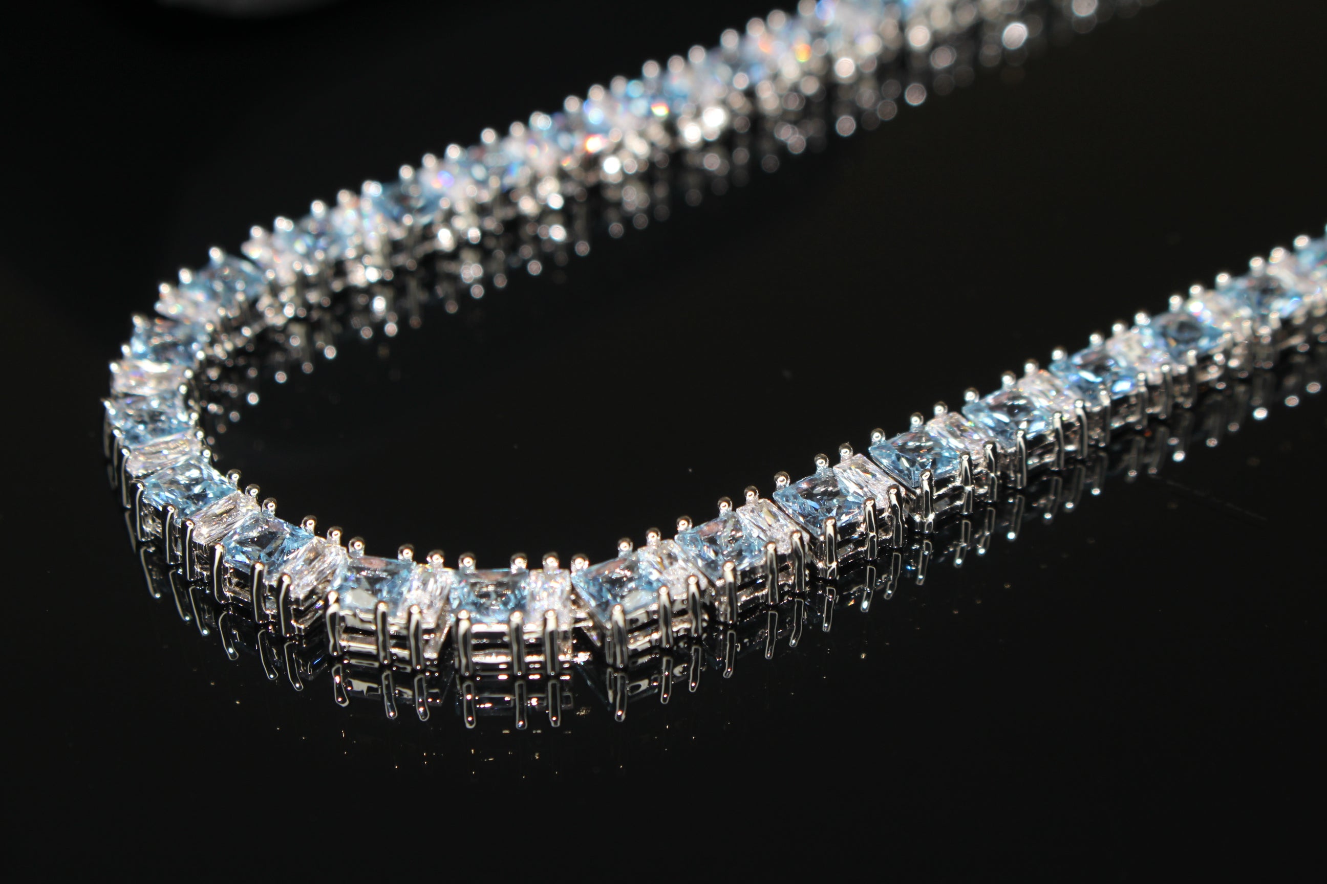 4mm Tennis Blue Square BAGUETTE 70ct Lab Sim VVS1 Diamond Necklace