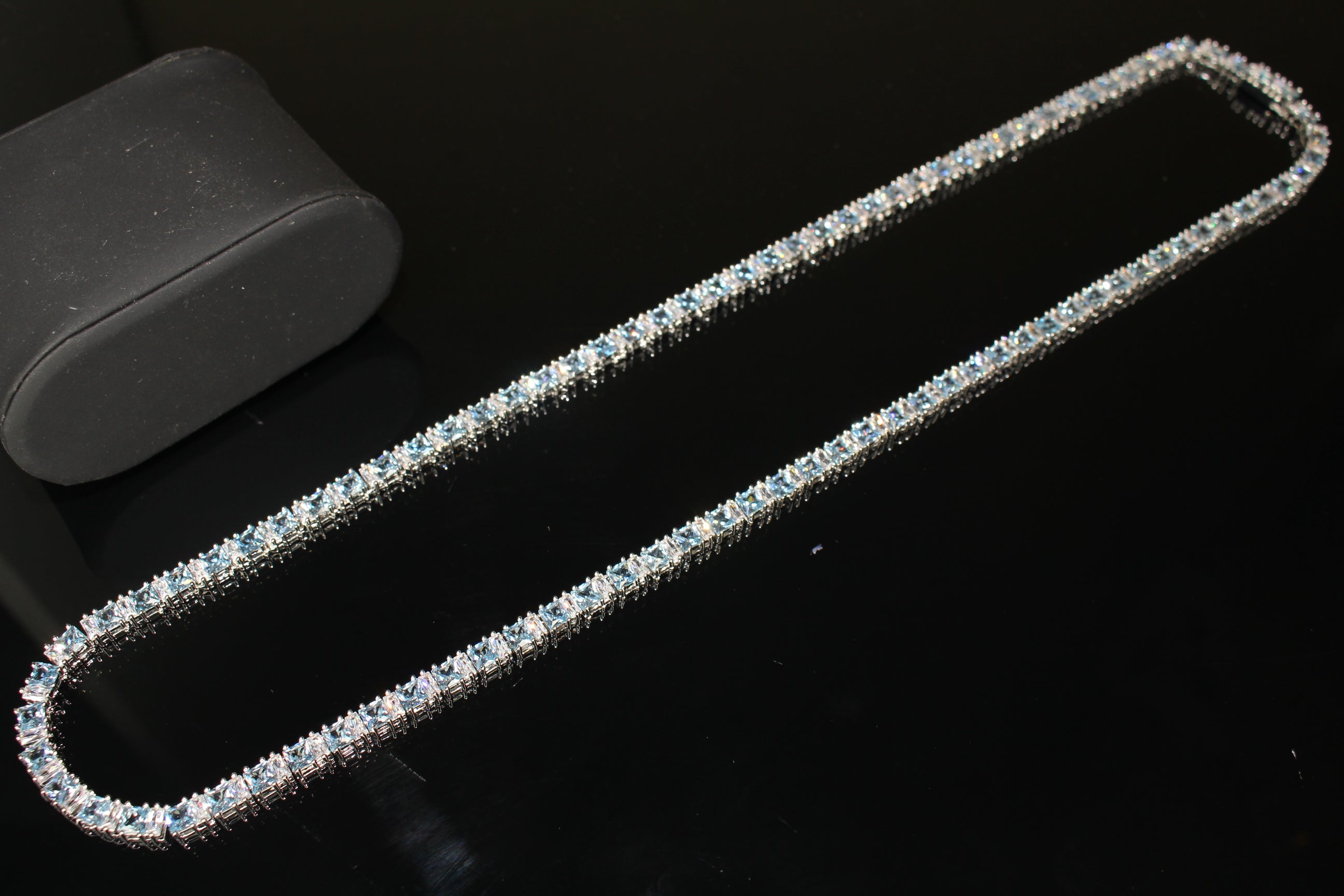 4mm Tennis Blue Square BAGUETTE 70ct Lab Sim VVS1 Diamond Necklace