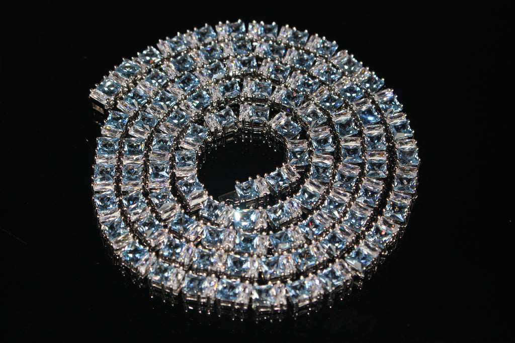 4mm Tennis Blue Square BAGUETTE 70ct Lab Sim VVS1 Diamond Necklace