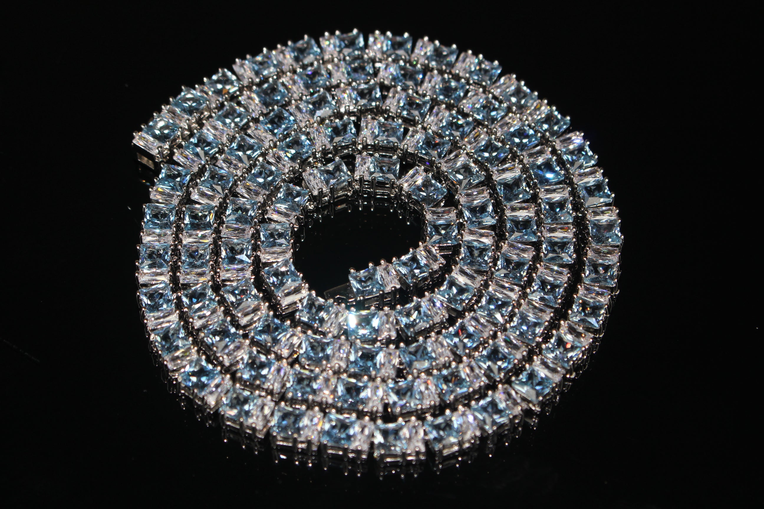 4mm Tennis Blue Square BAGUETTE 70ct Lab Sim VVS1 Diamond Necklace