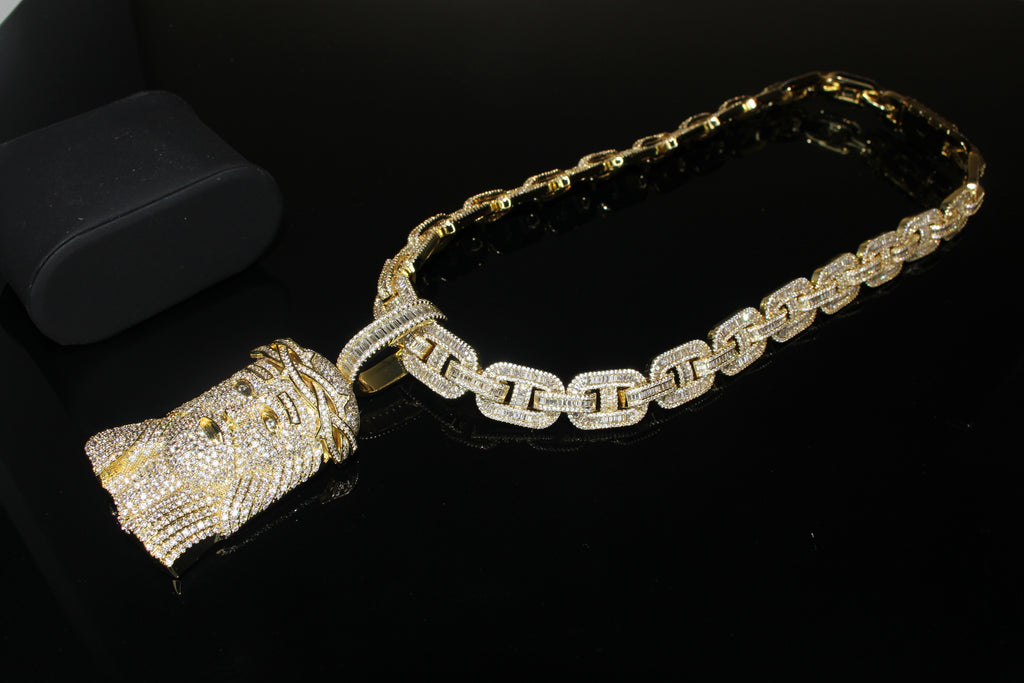 XXL Jesus Pendant 14mm Mariner 102.8ct Lab Sim VVS1 Diamond Necklace GOLD