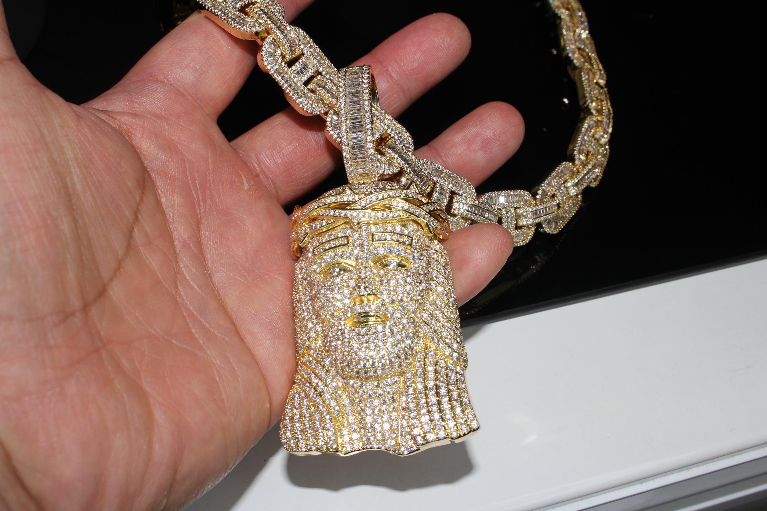 XXL Jesus Pendant 14mm Mariner 102.8ct Lab Sim VVS1 Diamond Necklace GOLD