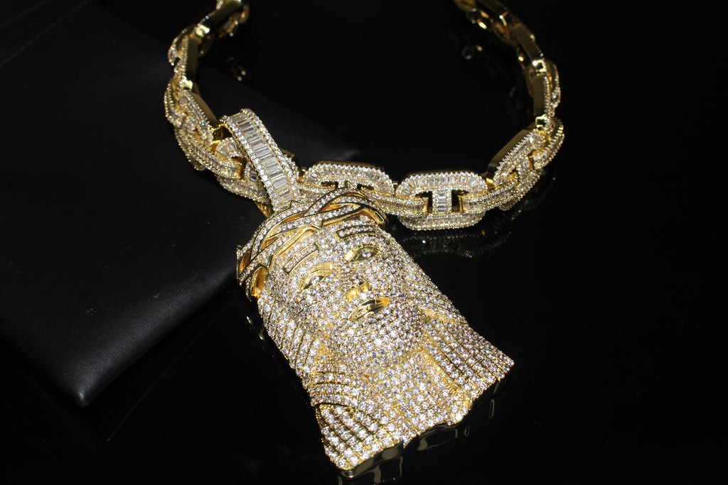 XXL Jesus Pendant 14mm Mariner 102.8ct Lab Sim VVS1 Diamond Necklace GOLD
