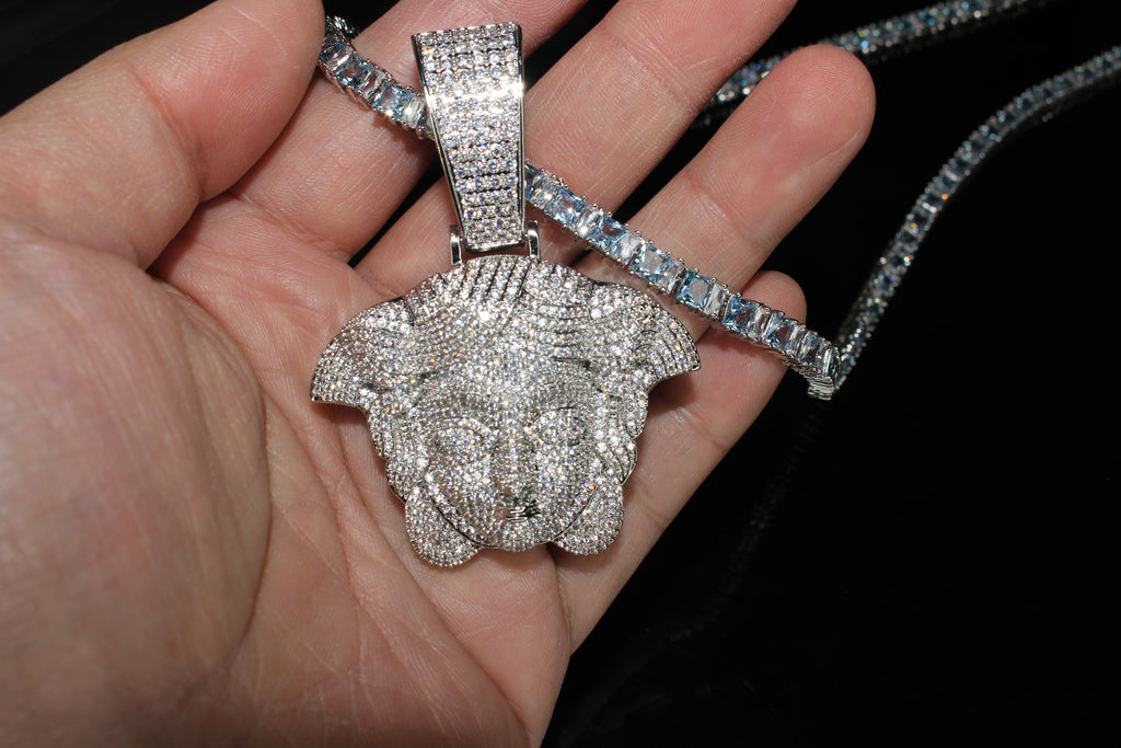 XXL MEDUSA HEAD Pendant 4mm Tennis 98.6ct BAGUETTE Lab Sim VVS1 Diamonds