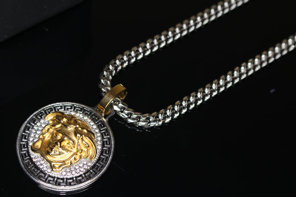 MEDUSA 2-Tone Versace Medallion Pendant Cuban Miami Lab Sim VVS1 Diamond Necklace Set