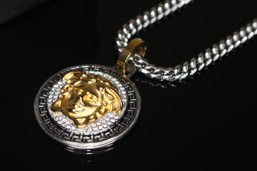MEDUSA 2-Tone Versace Medallion Pendant Cuban Miami Lab Sim VVS1 Diamond Necklace Set