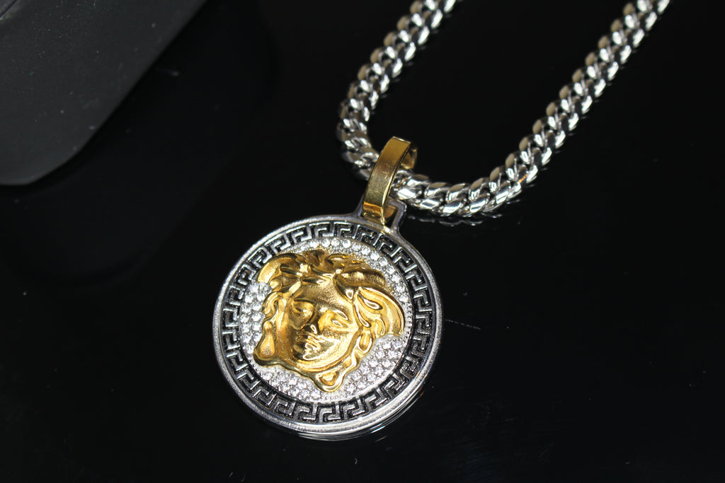 MEDUSA 2-Tone Versace Medallion Pendant Cuban Miami Lab Sim VVS1 Diamond Necklace Set