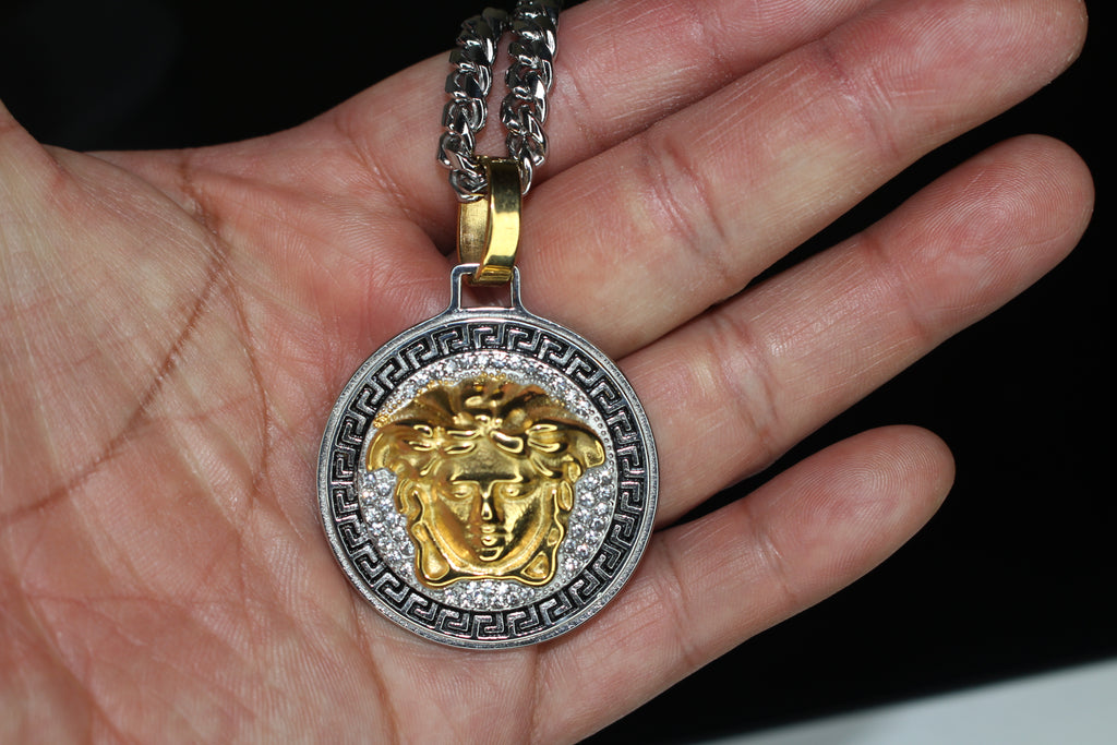 MEDUSA 2-Tone Versace Medallion Pendant Cuban Miami Lab Sim VVS1 Diamond Necklace Set