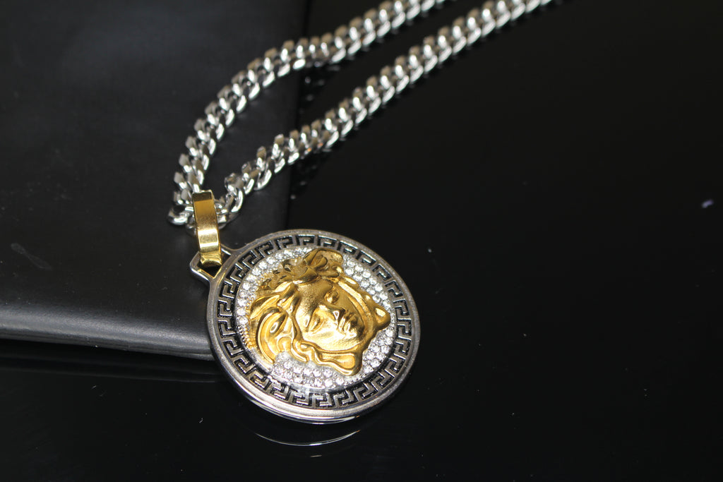 MEDUSA 2-Tone Versace Medallion Pendant Cuban Miami Lab Sim VVS1 Diamond Necklace Set