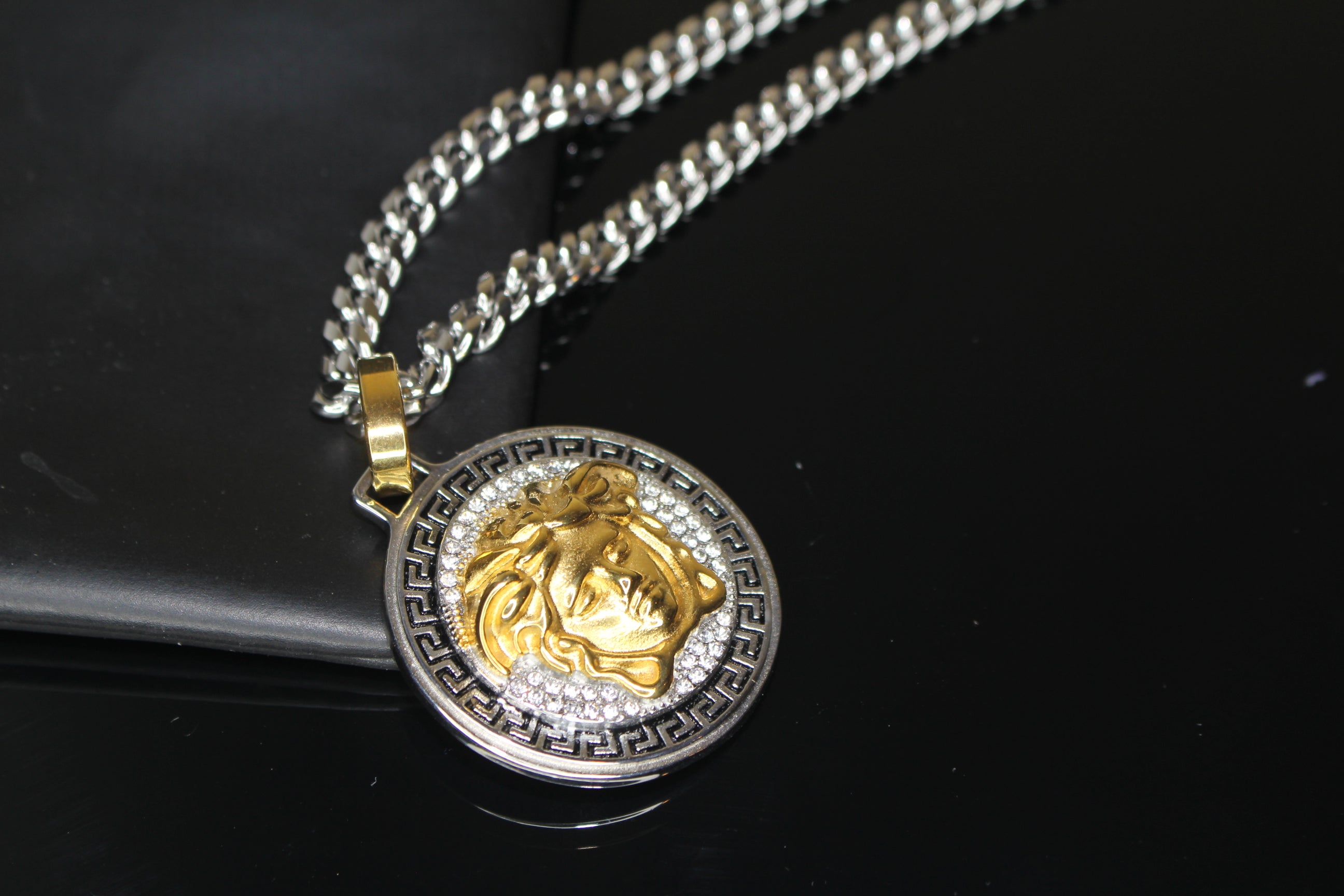 MEDUSA 2-Tone Versace Medallion Pendant Cuban Miami Lab Sim VVS1 Diamond Necklace Set