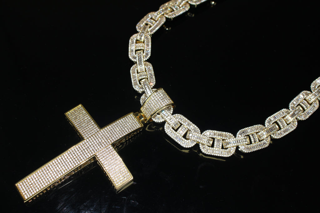 XXL CROSS 14mm Mariner Chain 96.8ct BAGUETTE Lab Sim VVS1 Diamond - GOLD