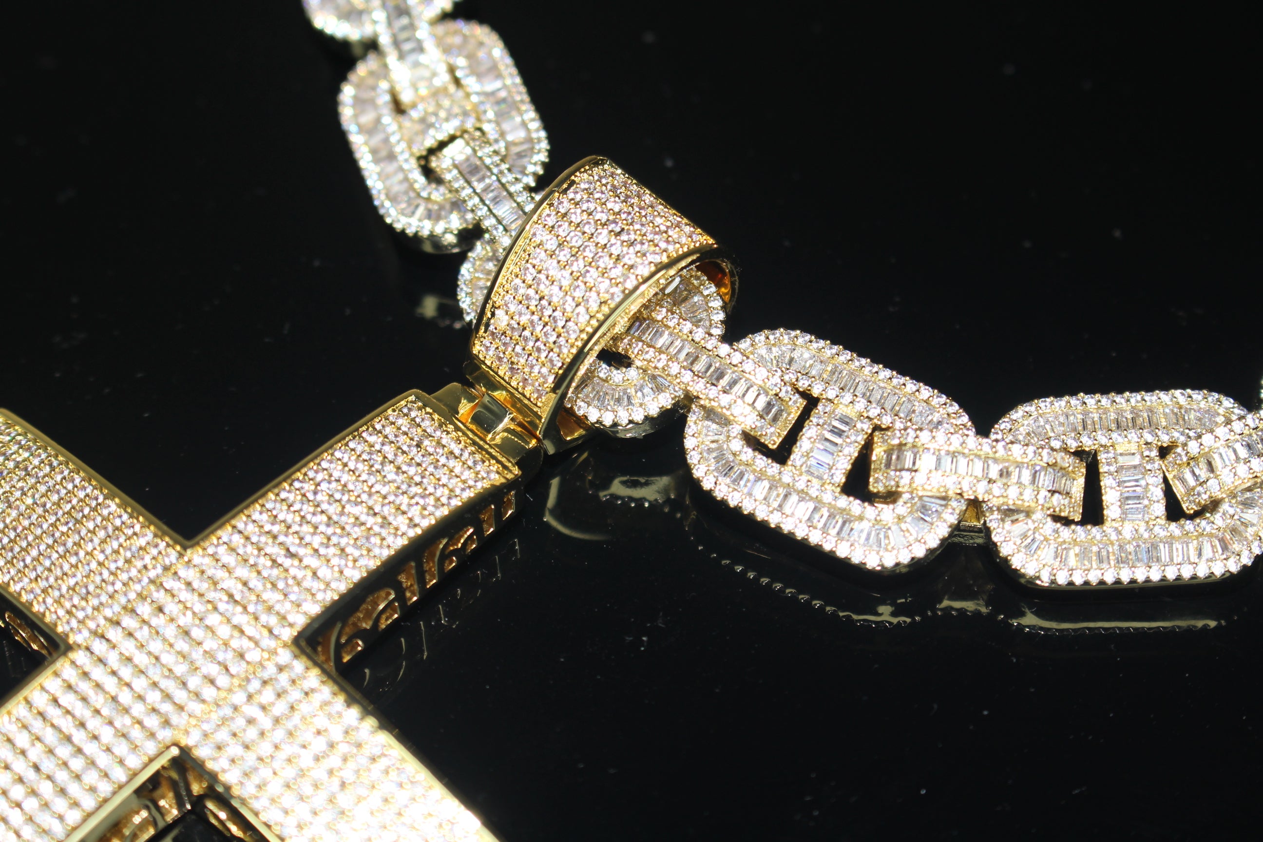 XXL CROSS 14mm Mariner Chain 96.8ct BAGUETTE Lab Sim VVS1 Diamond - GOLD
